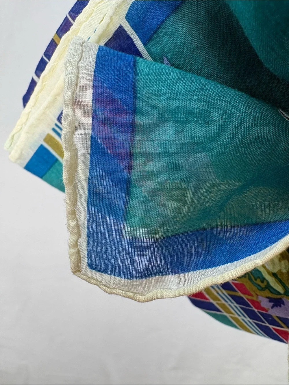 Vintage Kenzo Tokyo Cotton Scarf Plaid Teal Yellow Floral 28” Japan